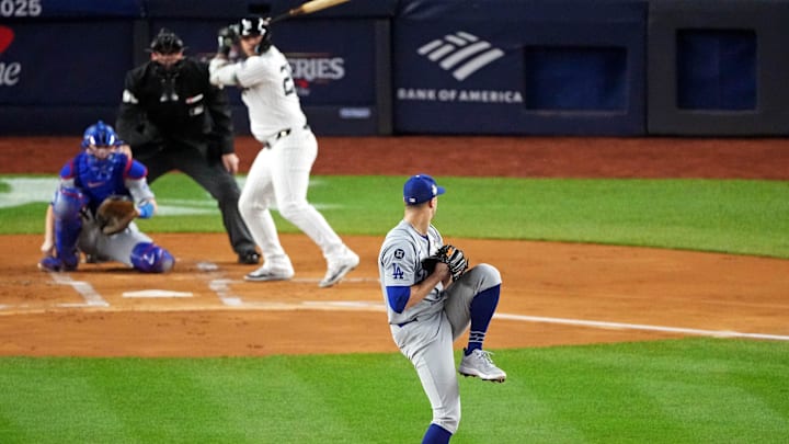 Oct 30, 2024; New York, New York, USA; Los Angeles Dodgers pitcher Jack Flaherty (0) pitches during the first inning against the Los Angeles Dodgers in game four of the 2024 MLB World Series at Yankee Stadium. Oct 30, 2024; New York, New York, USA; Los Angeles Dodgers pitcher Jack Flaherty (0) pitches during the first inning against the Los Angeles Dodgers in game four of the 2024 MLB World Series at Yankee Stadium.