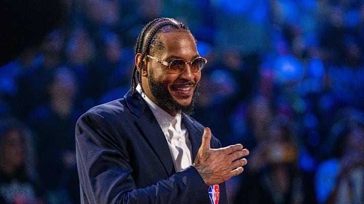 February 20, 2022; Cleveland, Ohio, USA; NBA great Carmelo Anthony is honored for being selected to the NBA 75th Anniversary Team during halftime in the 2022 NBA All-Star Game at Rocket Mortgage FieldHouse. Mandatory Credit: Kyle Terada-Imagn Images