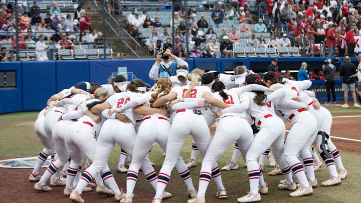 May 29, 2025; Oklahoma City, OK, USA;  The Ole Miss Rebels get ready to play the Texas Tech Red Raiders during the NCAA Softball Women's College World Series at Devon Park. Mandatory Credit: Brett Rojo-Imagn Images