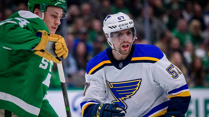 Feb 21, 2020; Dallas, Texas, USA; St. Louis Blues left wing David Perron (57) in action during the game between the Stars and the Blues at the American Airlines Center. Mandatory Credit: Jerome Miron-USA TODAY Sports