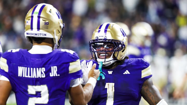 Aug 30, 2025; Seattle, Washington, USA; Washington Huskies running back Jonah Coleman (1) reacts after rushing for a touchdown against the Colorado State Rams during the fourth quarter at Husky Stadium. Mandatory Credit: Joe Nicholson-Imagn Images