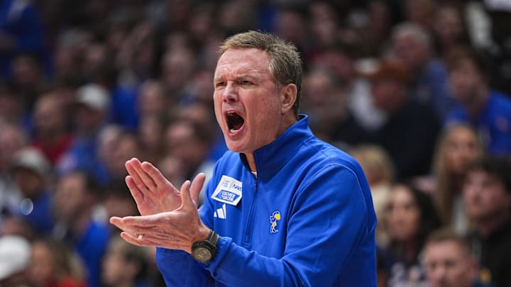 Jan 31, 2026; Lawrence, Kansas, USA; Kansas Jayhawks head coach Bill Self reacts during the first half against the BYU Cougars at Allen Fieldhouse. Mandatory Credit: Jay Biggerstaff-Imagn Images