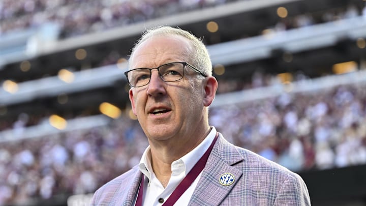 Oct 11, 2025; College Station, Texas, USA; SEC Commissioner Greg Sankey walks on the field prior to the game between the Texas A&M Aggies and the Florida Gators at Kyle Field. Mandatory Credit: Maria Lysaker-Imagn Images 