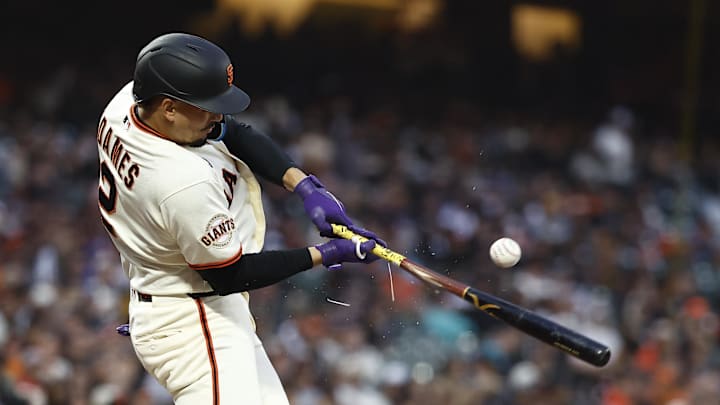 May 4, 2026; San Francisco, California, USA; The bat of San Francisco Giants shortstop Willy Adames (2) splits as he hits the ball against the San Diego Padres during the fourth inning at Oracle Park. Mandatory Credit: Kelley L Cox-Imagn Images