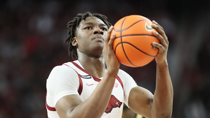 Feb 22, 2025; Fayetteville, Arkansas, USA; Arkansas Razorbacks forward Adou Thiero (3) shoots a free-throw during the second half against the Missouri Tigers at Bud Walton Arena. Mandatory Credit: Nelson Chenault-Imagn Images