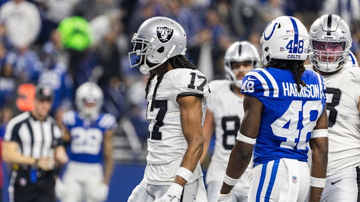 Dec 31, 2023; Indianapolis, Indiana, USA; Las Vegas Raiders wide receiver Davante Adams (17) celebrates his touchdown in the second half against the Indianapolis Colts at Lucas Oil Stadium. Mandatory Credit: Trevor Ruszkowski-USA TODAY Sports Dec 31, 2023; Indianapolis, Indiana, USA; Las Vegas Raiders wide receiver Davante Adams (17) celebrates his touchdown in the second half against the Indianapolis Colts at Lucas Oil Stadium. Mandatory Credit: Trevor Ruszkowski-USA TODAY Sports