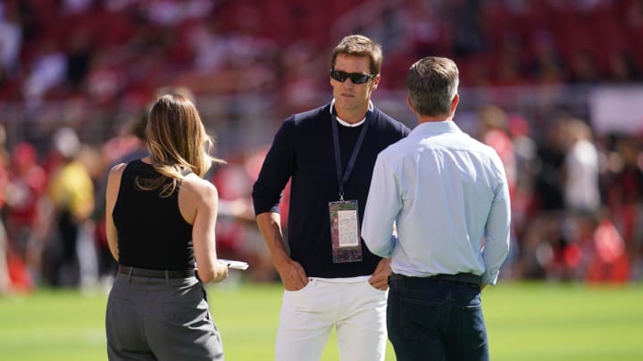 Aug 18, 2024; Santa Clara, California, USA; Former NFL quarterback Tom Brady stands on the field before the start of the game between the New Orleans Saints and the San Francisco 49ers at Levi's Stadium. Mandatory Credit: Cary Edmondson-USA TODAY Sports Aug 18, 2024; Santa Clara, California, USA; Former NFL quarterback Tom Brady stands on the field before the start of the game between the New Orleans Saints and the San Francisco 49ers at Levi's Stadium. Mandatory Credit: Cary Edmondson-USA TODAY Sports