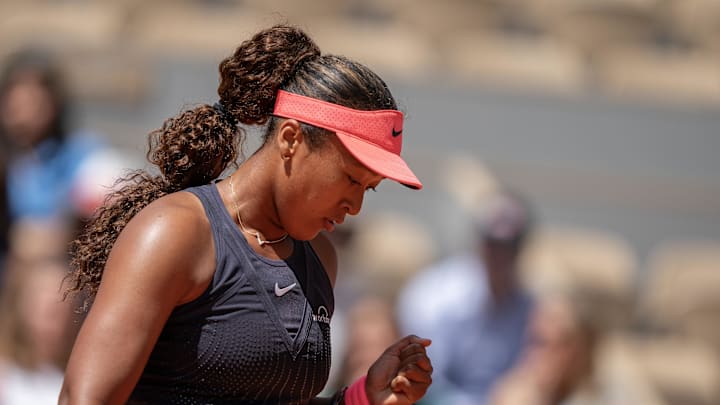 May 26, 2024; Paris, France; Naomi Osaka of Japan reacts to a point in her first round match against Lucia Bronzetti of Italy on day one of Roland Garros at Stade Roland Garros. Mandatory Credit: Susan Mullane-Imagn Images