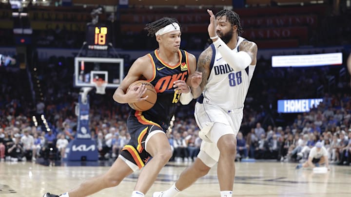 Apr 14, 2024; Oklahoma City, Oklahoma, USA; Oklahoma City Thunder forward Ousmane Dieng (13) drives