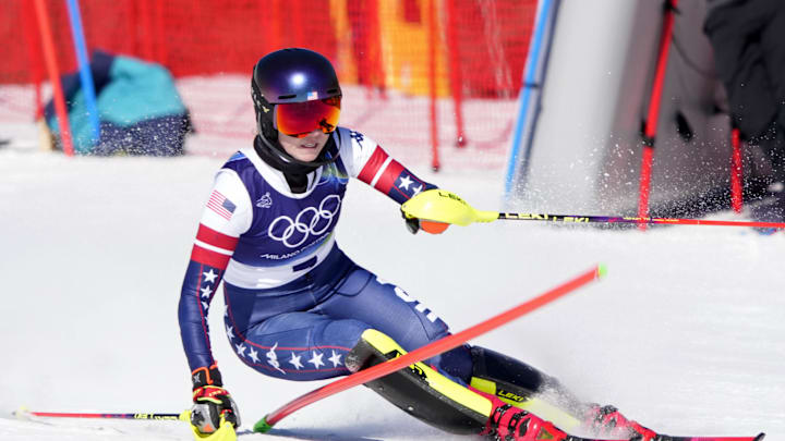 Feb 18, 2026; Cortina d'Ampezzo, Italy; Mikaela Shiffrin of the United States during the women's slalom during the Milano Cortina 2026 Olympic Winter Games at Tofane Alpine Skiing Centre. Mandatory Credit: Michael Madrid-Imagn Images Feb 18, 2026; Cortina d'Ampezzo, Italy; Mikaela Shiffrin of the United States during the women's slalom during the Milano Cortina 2026 Olympic Winter Games at Tofane Alpine Skiing Centre. Mandatory Credit: Michael Madrid-Imagn Images