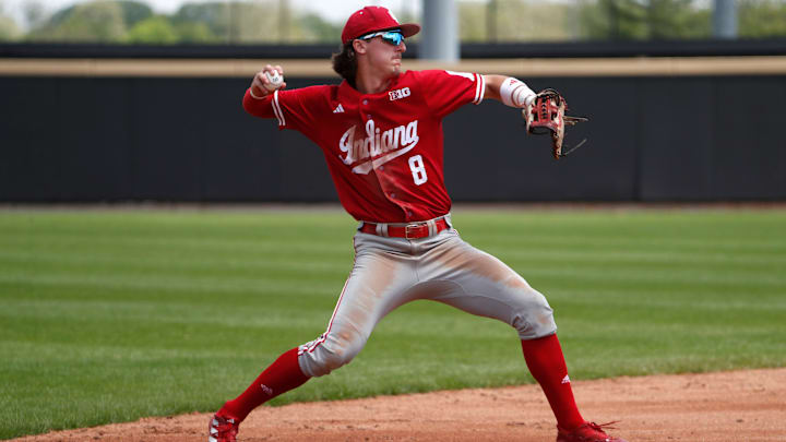 Indiana Hoosiers infielder Tyler Cerny (8) throws the ball during the NCAA baseball game against the Purdue Boilermakers, Sunday, May 5, 2024, at Alexander Field in West Lafayette, Ind.