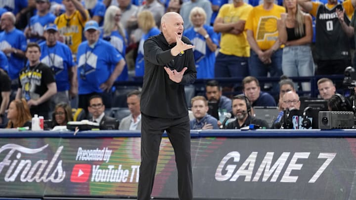Jun 22, 2025; Oklahoma City, Oklahoma, USA; Indiana Pacers head coach Rick Carlisle reacts after a call following a play against the Oklahoma City Thunder during the second half of game seven of the 2025 NBA Finals at Paycom Center. Mandatory Credit: Kyle Terada-Imagn Images