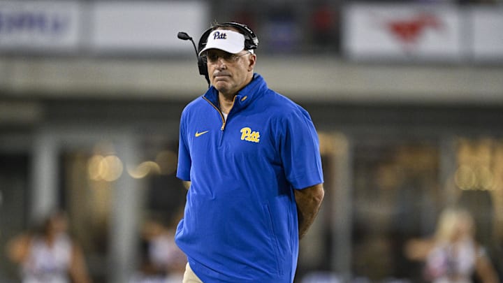 Nov 2, 2024; Dallas, Texas, USA; Pittsburgh Panthers head coach Pat Narduzzi during the game between the Southern Methodist Mustangs and the Pittsburgh Panthers at Gerald J. Ford Stadium. Mandatory Credit: Jerome Miron-Imagn Images