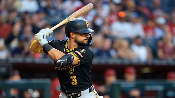 May 6, 2026; Phoenix, Arizona, USA; Pittsburgh Pirates third baseman Nick Gonzales against the Arizona Diamondbacks at Chase Field. Mandatory Credit: Mark J. Rebilas-Imagn Images