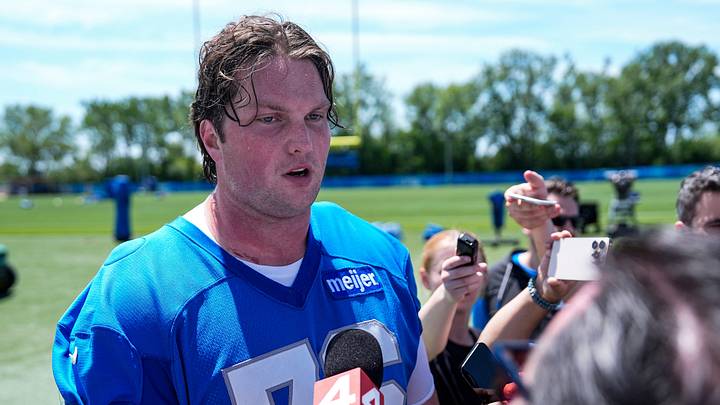 Detroit Lions offensive tackle Blake Miller speaks to media members during OTAs at Meijer Performance Center in Allen Park on Friday, May 29, 2026. Detroit Lions offensive tackle Blake Miller speaks to media members during OTAs at Meijer Performance Center in Allen Park on Friday, May 29, 2026.