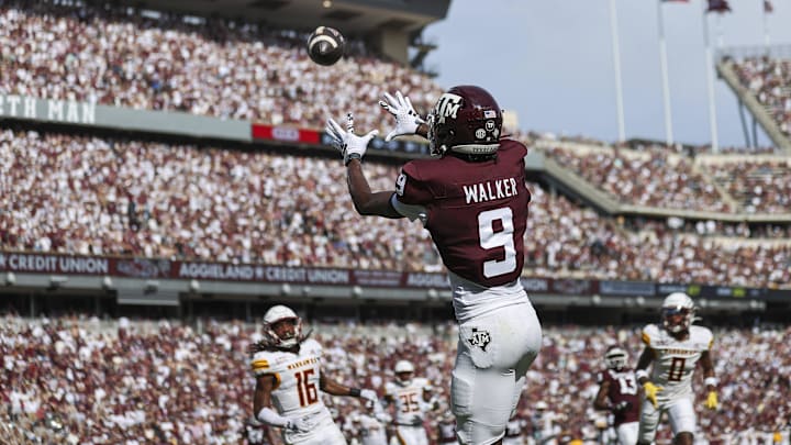 Sep 16, 2023; College Station, Texas, USA; Texas A&M Aggies wide receiver Jahdae Walker (9) makes a reception for a touchdown during the first quarter against the Louisiana Monroe Warhawks at Kyle Field. Mandatory Credit: Troy Taormina-USA TODAY Sports