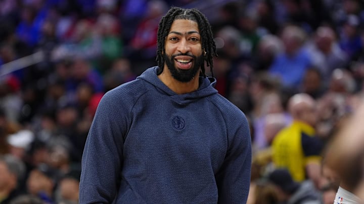 Feb 4, 2025; Philadelphia, Pennsylvania, USA; Dallas Mavericks forward Anthony Davis (3) looks on against the Philadelphia 76ers at Wells Fargo Center. Mandatory Credit: Kyle Ross-Imagn Images