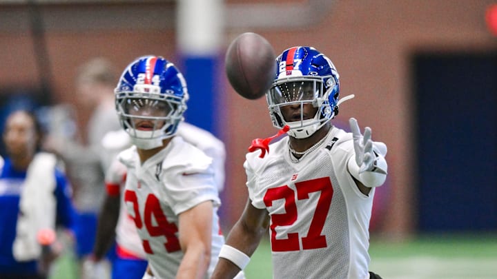 Jun 17, 2025; East Rutherford, NJ, USA; New York Giants safety Tyler Nubin (27) participates in a drill during minicamp at Quest Diagnostics Training Center.  