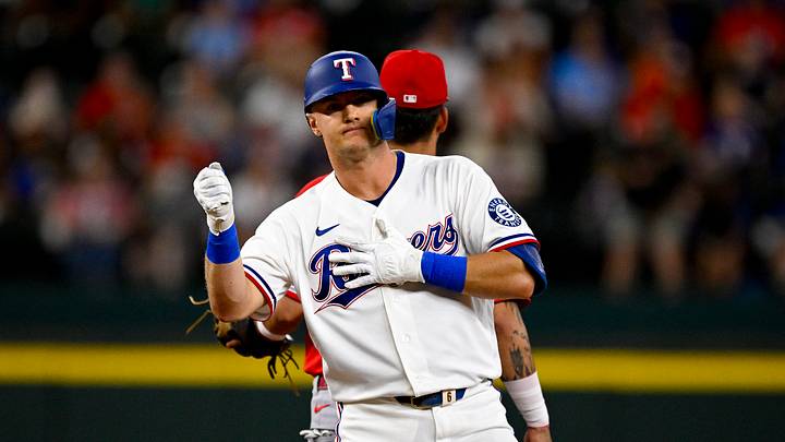 Jul 9, 2026; Arlington, Texas, USA; Texas Rangers third baseman Josh Jung (6) celebrates after he hits a double against the Los Angeles Angels during the first inning at Globe Life Field. Mandatory Credit: Jerome Miron-Imagn Images Jul 9, 2026; Arlington, Texas, USA; Texas Rangers third baseman Josh Jung (6) celebrates after he hits a double against the Los Angeles Angels during the first inning at Globe Life Field. Mandatory Credit: Jerome Miron-Imagn Images