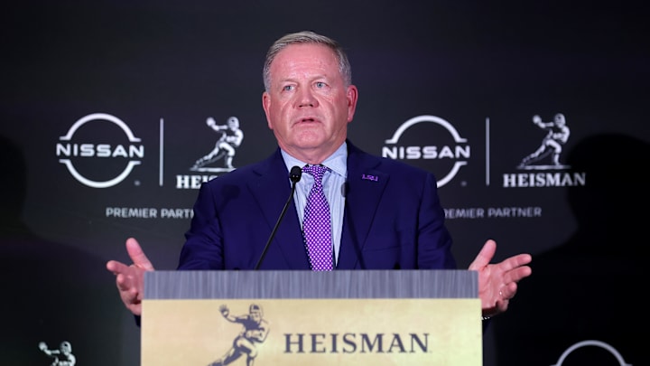 LSU head coach Brian Kelly speaks to the media during a press