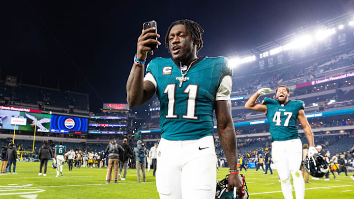 Dec 15, 2024; Philadelphia, Pennsylvania, USA; Philadelphia Eagles wide receiver A.J. Brown (11) after a victory against the Pittsburgh Steelers at Lincoln Financial Field. Mandatory Credit: Bill Streicher-Imagn Images
