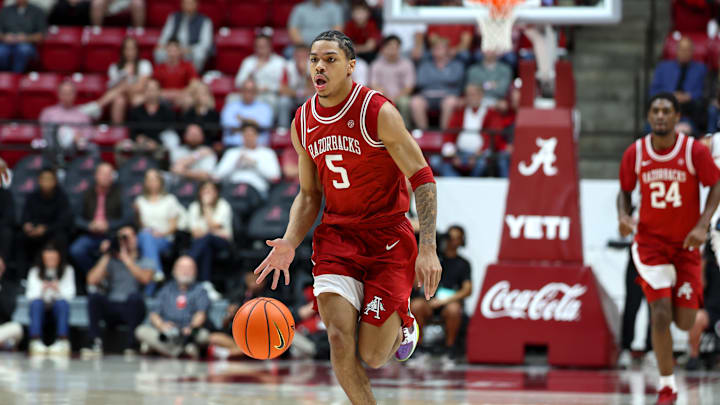 Feb 18, 2026; Tuscaloosa, Alabama, USA; Arkansas Razorback guard Darius Acuff Jr. (5) dribbles a fast break during the first half against the Alabama Crimson Tide at Coleman Coliseum. Mandatory Credit: David Leong-Imagn Images Feb 18, 2026; Tuscaloosa, Alabama, USA; Arkansas Razorback guard Darius Acuff Jr. (5) dribbles a fast break during the first half against the Alabama Crimson Tide at Coleman Coliseum. Mandatory Credit: David Leong-Imagn Images