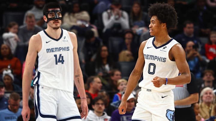 Jan 25, 2025; Memphis, Tennessee, USA; Memphis Grizzlies forward Jaylen Wells (0) react during the third quarter against the Utah Jazz at FedExForum. Mandatory Credit: Petre Thomas-Imagn Images