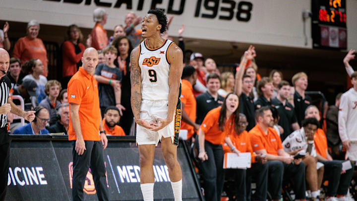 Jan 6, 2026; Stillwater, Oklahoma, USA; Oklahoma State Cowboys guard Anthony Roy (9) reacts after a play during the second half against the UCF Knights at Gallagher-Iba Arena. Mandatory Credit: William Purnell-Imagn Images