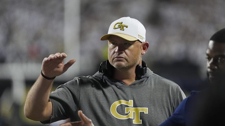 Aug 29, 2025; Boulder, Colorado, USA; Georgia Tech Yellow Jackets head coach Brent Key following the game winning touchdown by quarterback Haynes King (10) (not pictured) in the fourth quarter against the Colorado Buffaloes at Folsom Field. Mandatory Credit: Ron Chenoy-Imagn Images