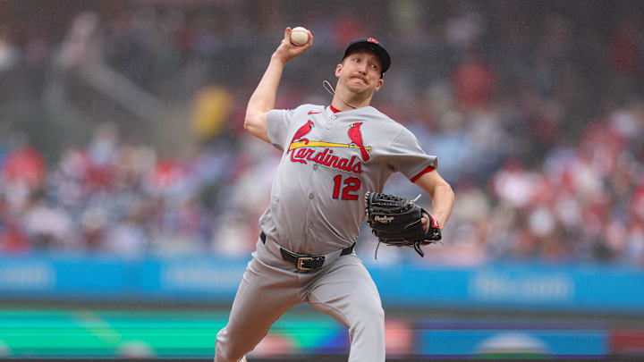 May 14, 2025; Philadelphia, Pennsylvania, USA; St. Louis Cardinals pitcher Erick Fedde (12) pitches during the second inning against the Philadelphia Phillies at Citizens Bank Park. Mandatory Credit: Bill Streicher-Imagn Images