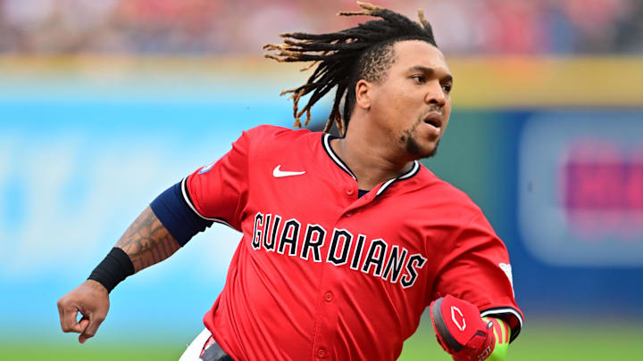 Sep 13, 2025; Cleveland, Ohio, USA; Cleveland Guardians third baseman Jose Ramirez (11) advances to third on a hit by first baseman Kyle Manzardo (not pictured) during the first inning against the Chicago White Sox at Progressive Field. Mandatory Credit: Ken Blaze-Imagn Images Sep 13, 2025; Cleveland, Ohio, USA; Cleveland Guardians third baseman Jose Ramirez (11) advances to third on a hit by first baseman Kyle Manzardo (not pictured) during the first inning against the Chicago White Sox at Progressive Field. Mandatory Credit: Ken Blaze-Imagn Images