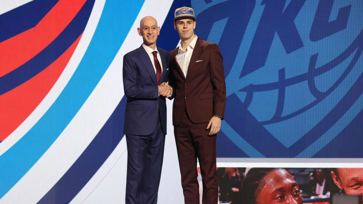 Jun 26, 2024; Brooklyn, NY, USA; Nikola Topic poses for photos with NBA commissioner Adam Silver after being selected in the first round by the Oklahoma City Thunder in the 2024 NBA Draft at Barclays Center. Mandatory Credit: Brad Penner-USA TODAY Sports Jun 26, 2024; Brooklyn, NY, USA; Nikola Topic poses for photos with NBA commissioner Adam Silver after being selected in the first round by the Oklahoma City Thunder in the 2024 NBA Draft at Barclays Center. Mandatory Credit: Brad Penner-USA TODAY Sports