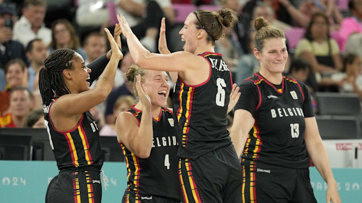 Aug 7, 2024; Paris, France; Belgium small forward Antonia Delaere (6) celebrates with teammates in the fourth quarter against Spain during the Paris 2024 Olympic Summer Games at Accor Arena. Mandatory Credit: Kyle Terada-Imagn Images