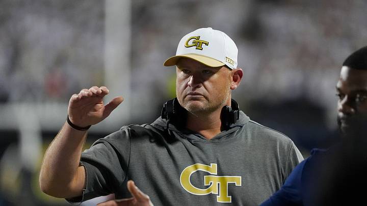 Aug 29, 2025; Boulder, Colorado, USA; Georgia Tech Yellow Jackets head coach Brent Key following the game winning touchdown by quarterback Haynes King (10) (not pictured) in the fourth quarter against the Colorado Buffaloes at Folsom Field. Mandatory Credit: Ron Chenoy-Imagn Images