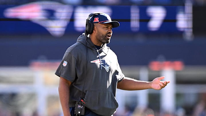 Oct 27, 2024; Foxborough, Massachusetts, USA; New England Patriots head coach Jerod Mayo calls a play against the New York Jets during the first half at Gillette Stadium. Mandatory Credit: Brian Fluharty-Imagn Images