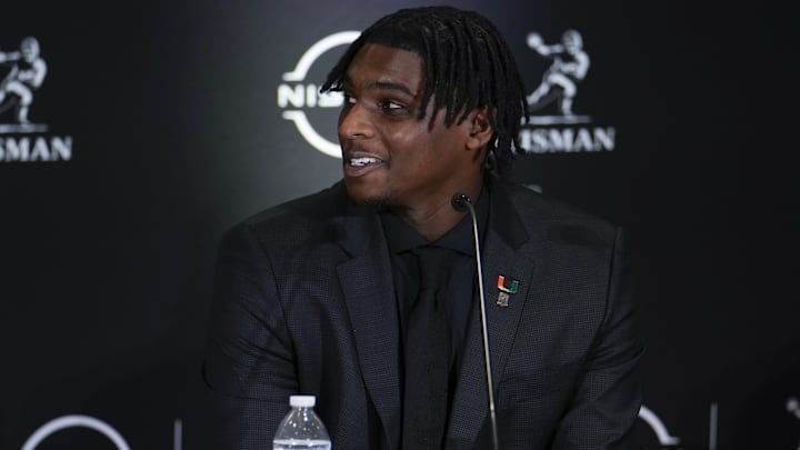Dec 14, 2024; New York, NY, USA; Miami Hurricanes quarterback Cam Ward speaks on stage during a press conference before the 2024 Heisman Trophy Presentation. Mandatory Credit: Lucas Boland-Imagn Images Dec 14, 2024; New York, NY, USA; Miami Hurricanes quarterback Cam Ward speaks on stage during a press conference before the 2024 Heisman Trophy Presentation. Mandatory Credit: Lucas Boland-Imagn Images