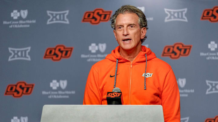 Oklahoma State offensive coordinator Doug Meacham speaks during a press conference at Boone Pickens Stadium in Stillwater Okla., on Thursday, Jan. 23, 2025. Oklahoma State offensive coordinator Doug Meacham speaks during a press conference at Boone Pickens Stadium in Stillwater Okla., on Thursday, Jan. 23, 2025.