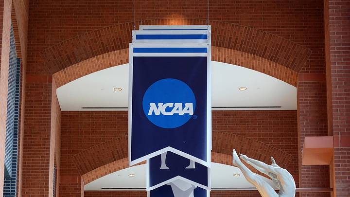 Feb 26, 2026; Indianapolis, IN, USA; A NCAA logo banner at the Hall of Champions at the NCAA National Office. Mandatory Credit: Kirby Lee-Imagn Images
