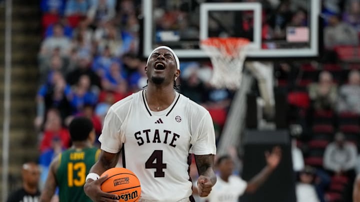 Mar 21, 2025; Raleigh, NC, USA; Mississippi State Bulldogs forward Cameron Matthews (4) reacts during the second half against the Baylor Bears in the first round of the NCAA Tournament at Lenovo Center. Mandatory Credit: Bob Donnan-Imagn Images
