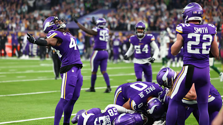 Minnesota Vikings safety Josh Metellus celebrates the interception from cornerback Stephon Gilmore in the fourth quarter against New York Jets at Tottenham Hotspur Stadium in London on Oct. 6, 2024.
