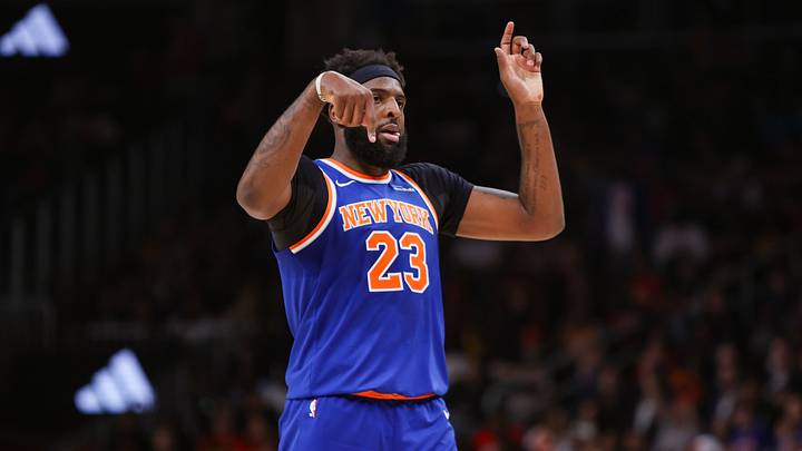 Apr 30, 2026; Atlanta, Georgia, USA; New York Knicks center Mitchell Robinson (23) shows emotion after a play against the Atlanta Hawks in the second quarter during game six of the first round of the 2026 NBA Playoffs at State Farm Arena. Mandatory Credit: Brett Davis-Imagn Images Apr 30, 2026; Atlanta, Georgia, USA; New York Knicks center Mitchell Robinson (23) shows emotion after a play against the Atlanta Hawks in the second quarter during game six of the first round of the 2026 NBA Playoffs at State Farm Arena. Mandatory Credit: Brett Davis-Imagn Images