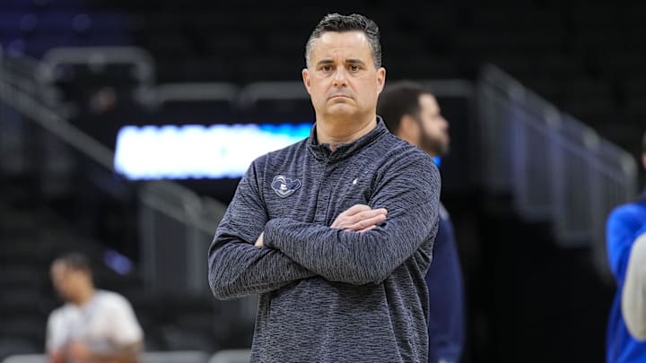 Mar 20, 2025; Milwaukee, WI, USA;  Xavier Musketeers head coach Sean Miller during NCAA Tournament First Round Practice at Fiserv Forum. Mandatory Credit: Jeff Hanisch-Imagn Images