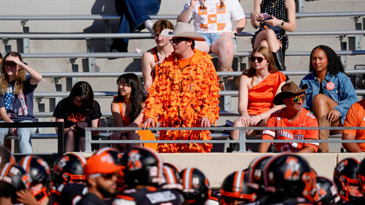 Oklahoma State fans watch before a college football game between the Oklahoma State Cowboys (OSU) and the Houston Cougars at Boone Pickens Stadium in Stillwater, Okla., Saturday, Oct. 11, 2025.