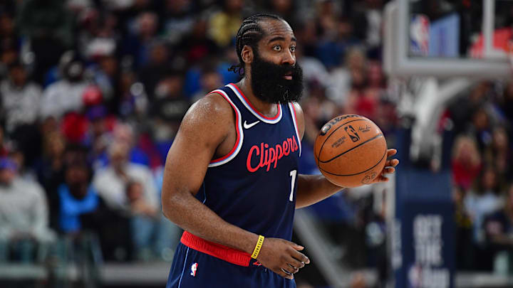 Apr 24, 2025; Inglewood, California, USA; Los Angeles Clippers guard James Harden (1) controls the ball against the Denver Nuggets during the second half of game three in the first round for the 2024 NBA Playoffs at Intuit Dome. Mandatory Credit: Gary A. Vasquez-Imagn Images