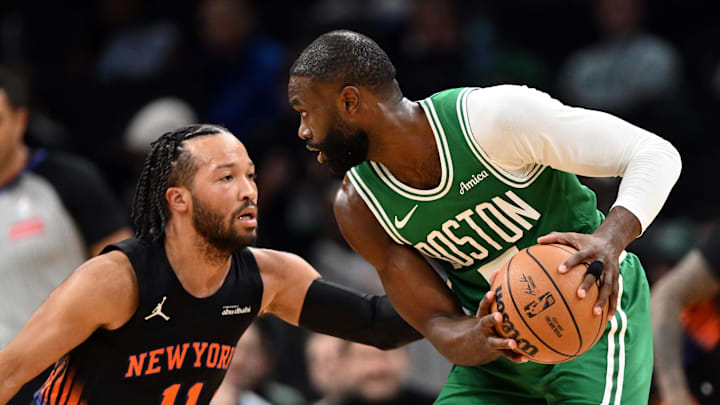 Dec 2, 2025; Boston, Massachusetts, USA; New York Knicks guard Jalen Brunson (11) defends Boston Celtics guard Jaylen Brown (7)  during the first half at the TD Garden. Mandatory Credit: Brian Fluharty-Imagn Images