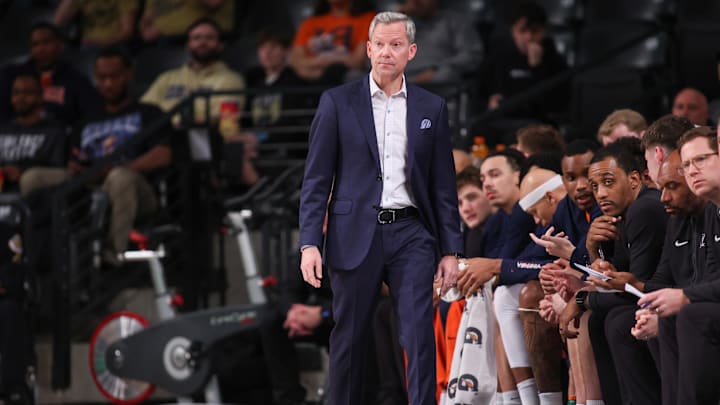 Feb 18, 2026; Atlanta, Georgia, USA; Virginia Cavaliers head coach Ryan Odom on the sidelines against the Georgia Tech Yellow Jackets in the first half at McCamish Pavilion. Mandatory Credit: Brett Davis-Imagn Images