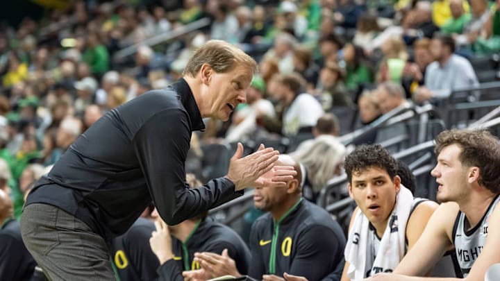 Oregon head coach Dana Altman attempts to rally his team as the Oregon Ducks host the Washington Huskies Tuesday, Jan. 21, 2025, at Matthew Knight Arena in Eugene, Ore.