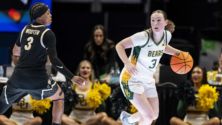 Mar 6, 2026; Kansas City, MO, USA; Baylor Bears guard Ella Brow (3) looks for an open teammate against the Colorado Buffaloes during the second half at T-Mobile Center. Mandatory Credit: Nick Tre. Smith-Imagn Images