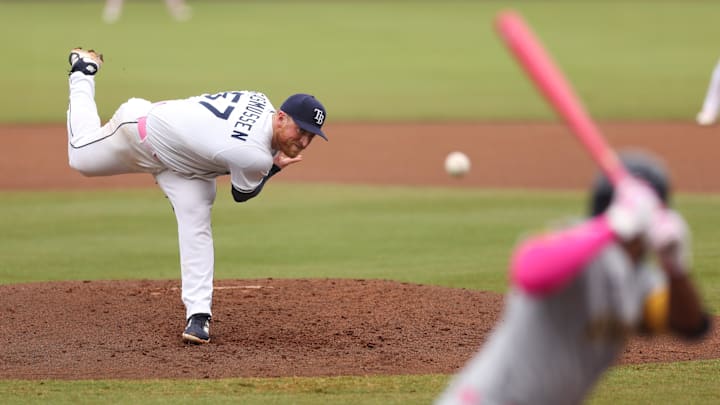 Tampa, Florida, USA; Tampa Bay Rays starting pitcher Drew Rasmussen (57) throws a pitch against the Milwaukee Brewers in the fourth inning at George M. Steinbrenner Field.