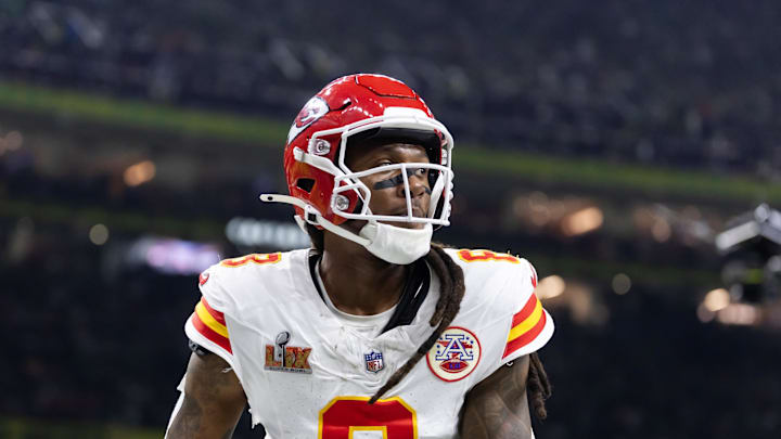 Feb 9, 2025; New Orleans, LA, USA;  Kansas City Chiefs wide receiver DeAndre Hopkins (8) against the Philadelphia Eagles in Super Bowl LIX at Ceasars Superdome. Mandatory Credit: Mark J. Rebilas-Imagn Images